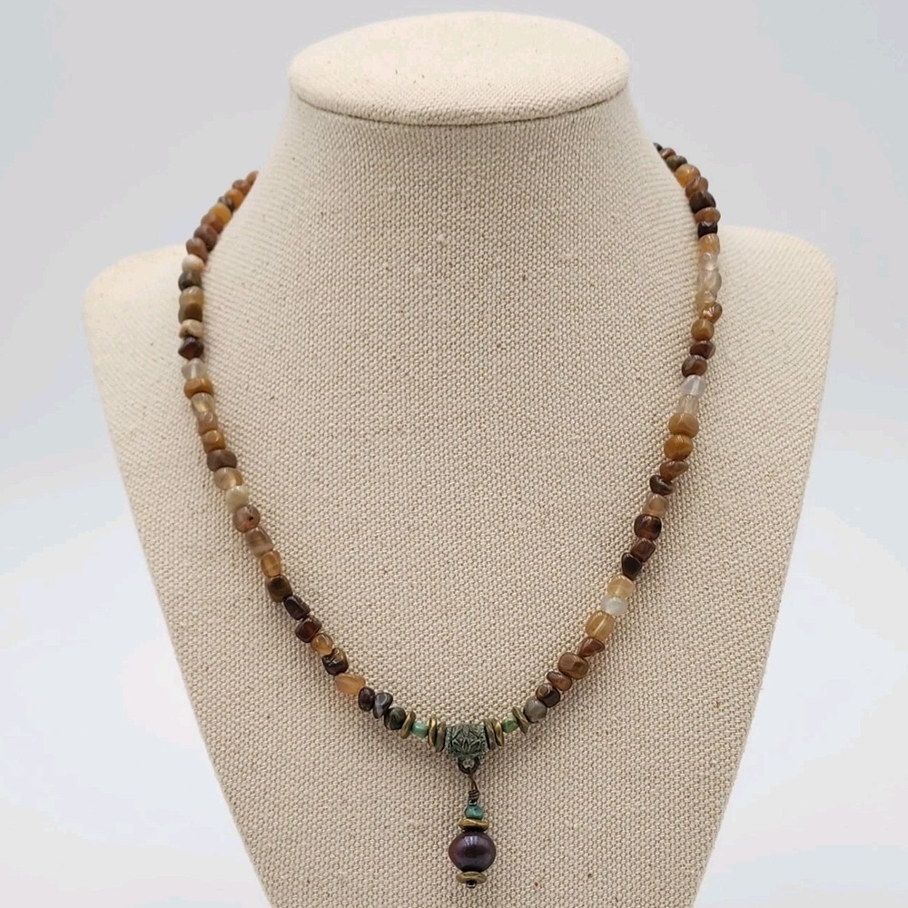 Artisan‎ Boho Agate Chip Necklace Verdigris Floral Pendant Round Charm Drop 18"